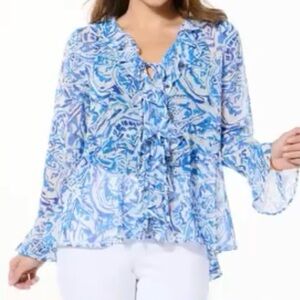 ✨ IMAN Global Chic Printed Flounce Tie-Front Blouse – XL ✨